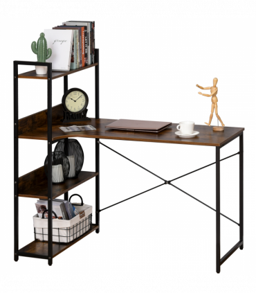 Retro Industrial Computer Desk  with 4-Tier Storage Shelf Metal Frame , Brown