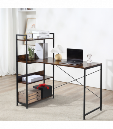 Retro Industrial Computer Desk  with 4-Tier Storage Shelf Metal Frame , Brown