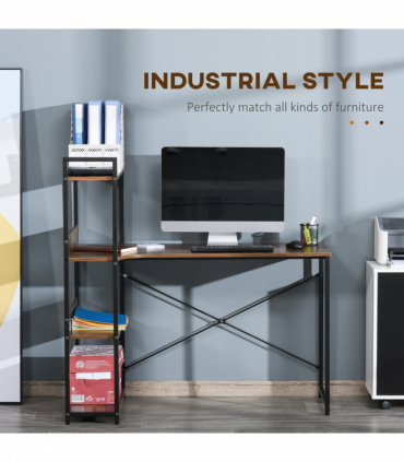 Retro Industrial Computer Desk  with 4-Tier Storage Shelf Metal Frame , Brown