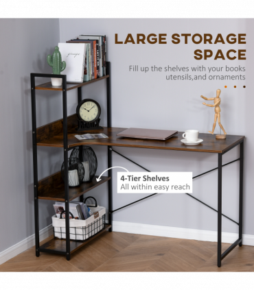 Retro Industrial Computer Desk  with 4-Tier Storage Shelf Metal Frame , Brown