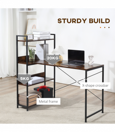 Retro Industrial Computer Desk  with 4-Tier Storage Shelf Metal Frame , Brown