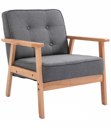 Retro Single Sofa Armchair Beech Wood Frame Padded Cushion Linen Fabric Grey