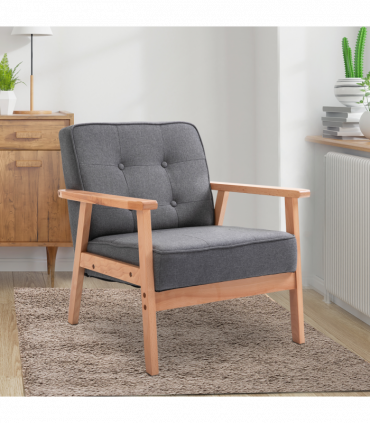 Retro Single Sofa Armchair Beech Wood Frame Padded Cushion Linen Fabric Grey