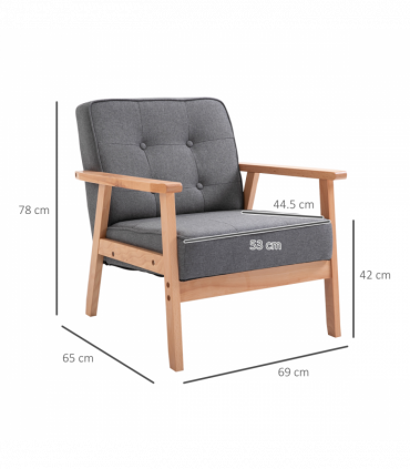 Retro Single Sofa Armchair Beech Wood Frame Padded Cushion Linen Fabric Grey