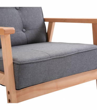 Retro Single Sofa Armchair Beech Wood Frame Padded Cushion Linen Fabric Grey