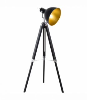 Retro Tripod Floor Lamp  Dome Shade Light Wooden Legs-Black/Gold