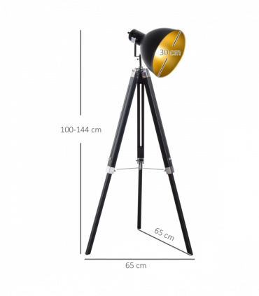 Retro Tripod Floor Lamp  Dome Shade Light Wooden Legs-Black/Gold