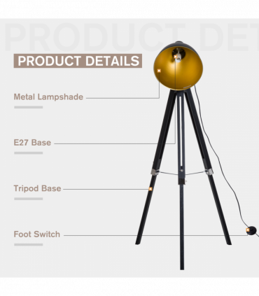Retro Tripod Floor Lamp  Dome Shade Light Wooden Legs-Black/Gold