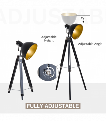 Retro Tripod Floor Lamp  Dome Shade Light Wooden Legs-Black/Gold