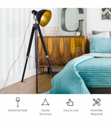 Retro Tripod Floor Lamp  Dome Shade Light Wooden Legs-Black/Gold