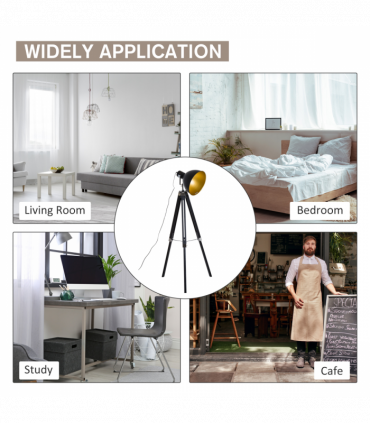 Retro Tripod Floor Lamp  Dome Shade Light Wooden Legs-Black/Gold