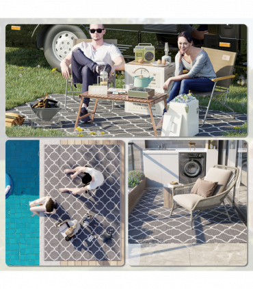 Reversible Outdoor Rug W/ Carry Bag for RV Camping Beach, 182 x 274 cm, Grey