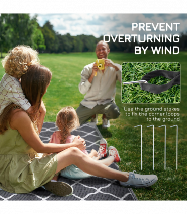 Reversible Outdoor Rug W/ Carry Bag for RV Camping Beach, 182 x 274 cm, Grey