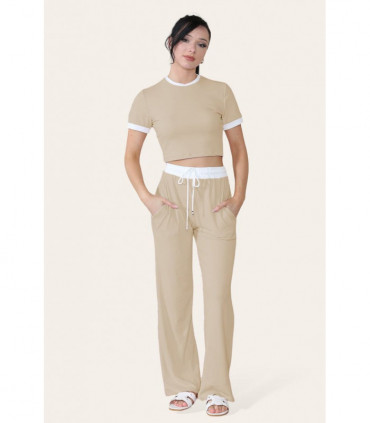 Ribbed Contrast Wide Leg Flared Trousers And Top Loungewear TRS Cropped Set