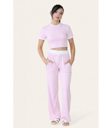 Ribbed Contrast Wide Leg Flared Trousers And Top Loungewear TRS Cropped Set