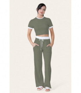 Ribbed Contrast Wide Leg Flared Trousers And Top Loungewear TRS Cropped Set