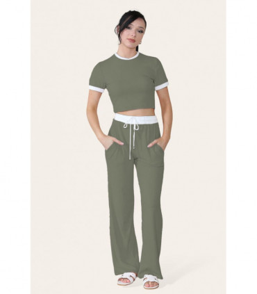 Ribbed Contrast Wide Leg Flared Trousers And Top Loungewear TRS Cropped Set