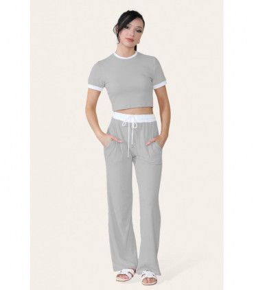 Ribbed Contrast Wide Leg Flared Trousers And Top Loungewear TRS Cropped Set
