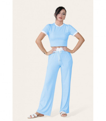 Ribbed Contrast Wide Leg Flared Trousers And Top Loungewear TRS Cropped Set