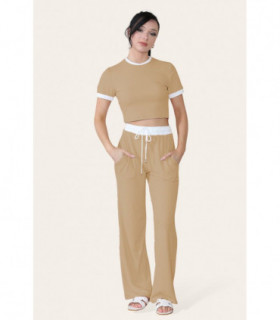 Ribbed Contrast Wide Leg Flared Trousers And Top Loungewear TRS Cropped Set