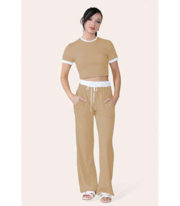 Ribbed Contrast Wide Leg Flared Trousers And Top Loungewear TRS Cropped Set