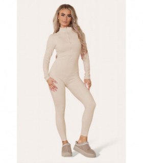 Ribbed High Neck Zipper Collar Jumpsuit Front Unitard Set