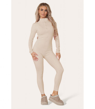 Ribbed High Neck Zipper Collar Jumpsuit Front Unitard Set