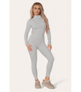 Ribbed High Neck Zipper Collar Jumpsuit Front Unitard Set