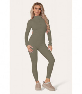 Ribbed High Neck Zipper Collar Jumpsuit Front Unitard Set