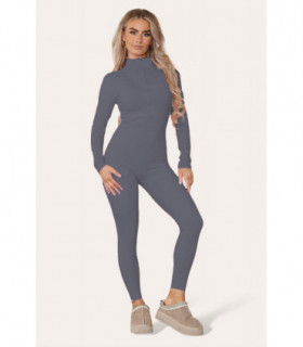 Ribbed High Neck Zipper Collar Jumpsuit Front Unitard Set