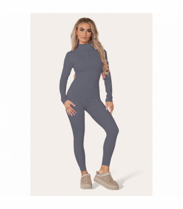 Ribbed High Neck Zipper Collar Jumpsuit Front Unitard Set