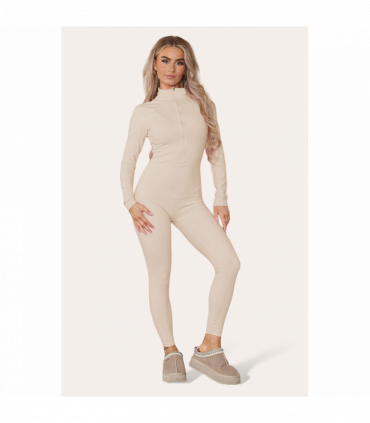 Ribbed High Neck Zipper Collar Jumpsuit Front Unitard Set