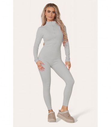 Ribbed High Neck Zipper Collar Jumpsuit Front Unitard Set