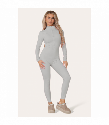 Ribbed High Neck Zipper Collar Jumpsuit Front Unitard Set