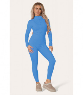 Ribbed High Neck Zipper Collar Jumpsuit Front Unitard Set