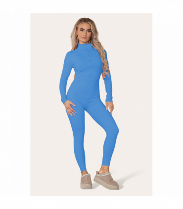Ribbed High Neck Zipper Collar Jumpsuit Front Unitard Set