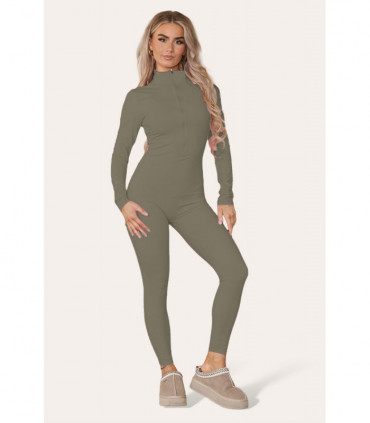 Ribbed High Neck Zipper Collar Jumpsuit Front Unitard Set