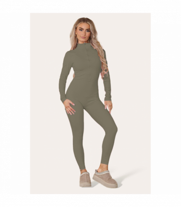 Ribbed High Neck Zipper Collar Jumpsuit Front Unitard Set