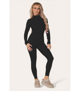 Ribbed High Neck Zipper Collar Jumpsuit Front Unitard Set