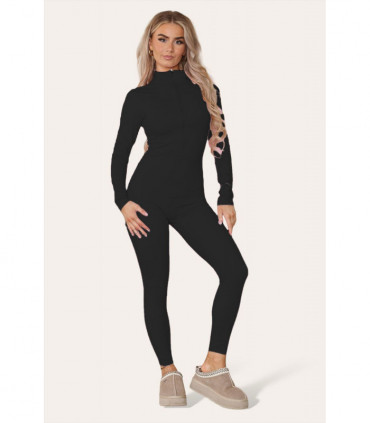 Ribbed High Neck Zipper Collar Jumpsuit Front Unitard Set