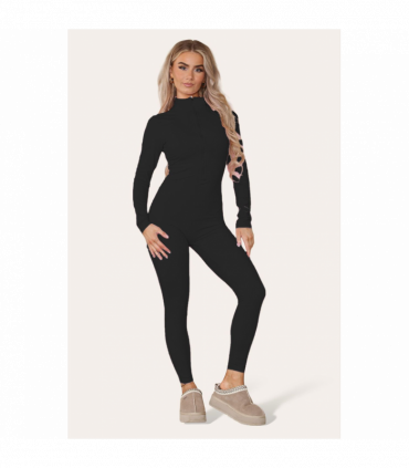 Ribbed High Neck Zipper Collar Jumpsuit Front Unitard Set