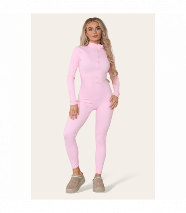 Ribbed High Neck Zipper Collar Jumpsuit Front Unitard Set