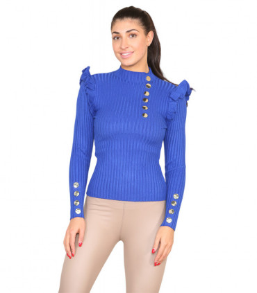 Ribbed Knit Gold Button Detail Jumper with Frill
