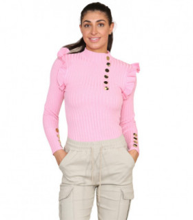 Ribbed Knit Gold Button Detail Jumper with Frill