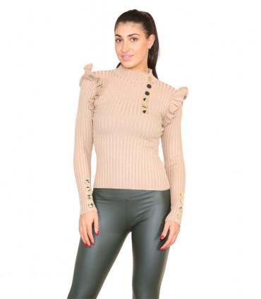 Ribbed Knit Gold Button Detail Jumper with Frill