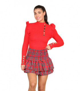 Ribbed Knit Gold Button Detail Jumper with Frill