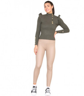 Ribbed Knit Gold Button Detail Jumper with Frill