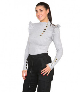Ribbed Knit Gold Button Detail Jumper with Frill