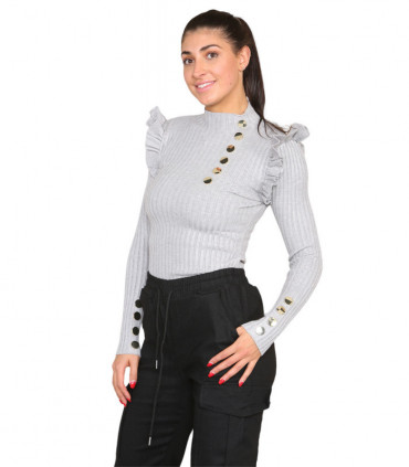 Ribbed Knit Gold Button Detail Jumper with Frill