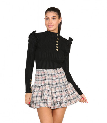 Ribbed Knit Gold Button Detail Jumper with Frill